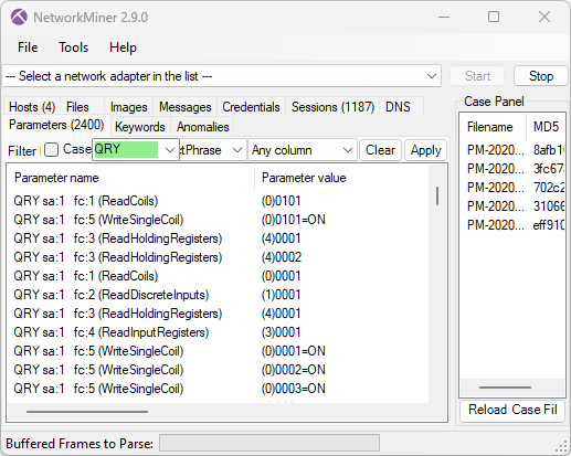 Modbus queries in NetworkMiner