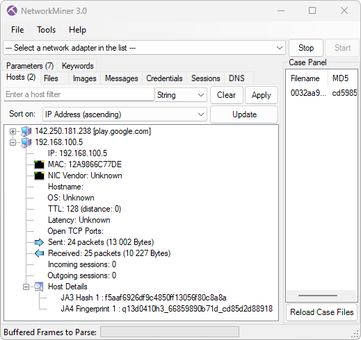 Information extracted from QUIC with NetworkMiner