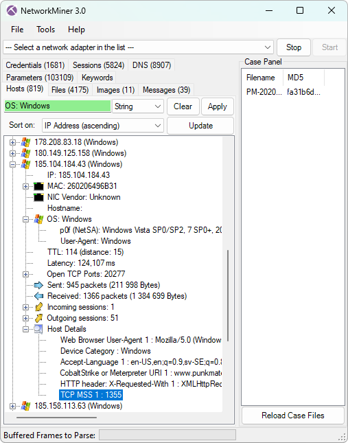 MSS indicating VPN usage in NetworkMiner's Hosts tab