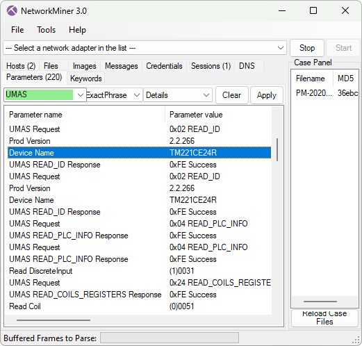 UMAS Parameters in NetworkMiner